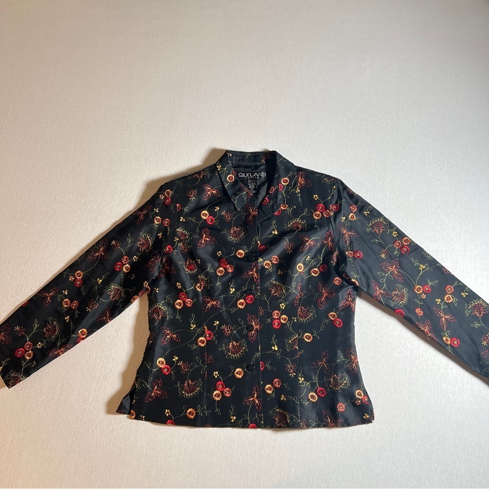 VTG Silkland 100% Silk Button Up Blazer, Black Floral Embroidered, 14P